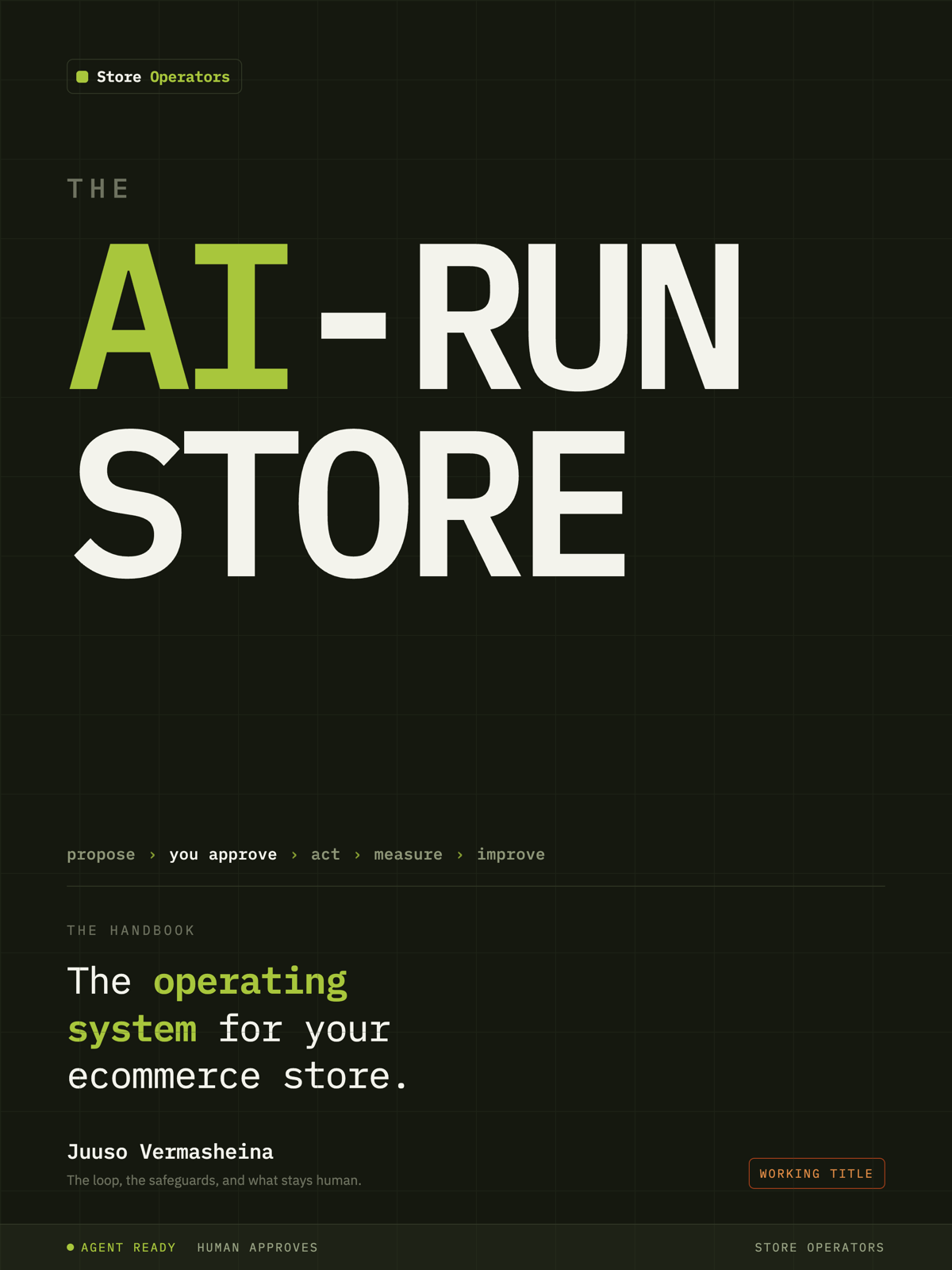 Kirjan alustava kansi — työnimi "The AI-Run Store", verkkokaupan pyörittäminen tekoälyagenteilla